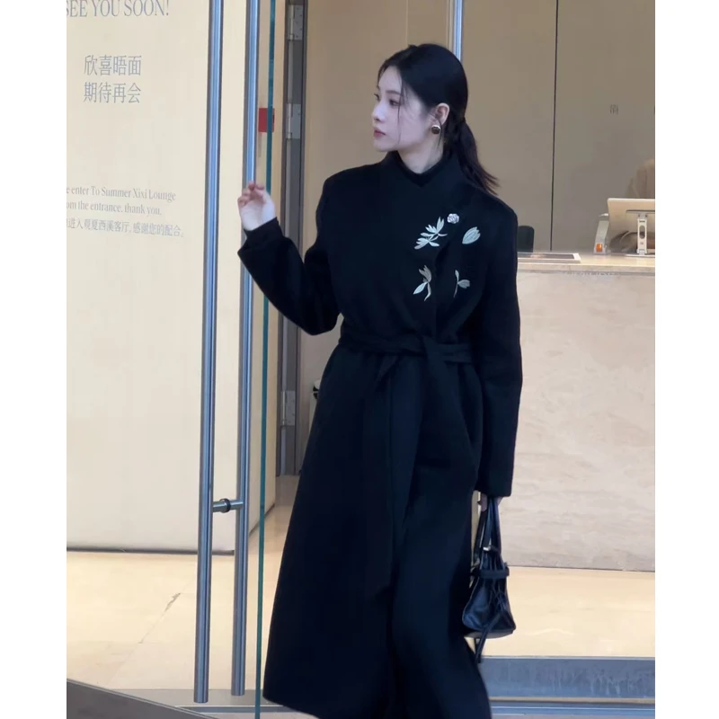 新款简约立领长款双面呢大衣外套女