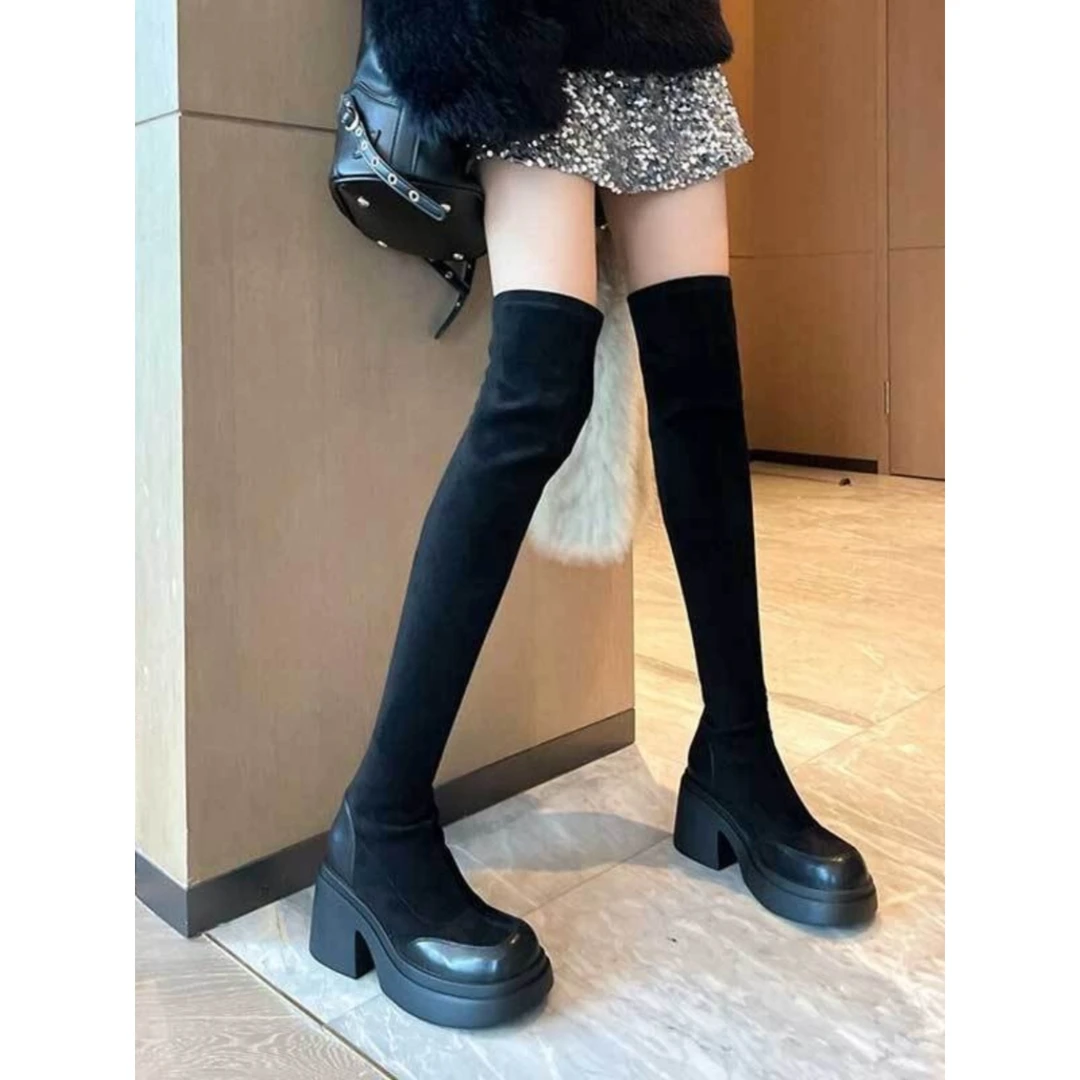 过膝长筒靴小个子秋季新款瘦瘦靴厚底女靴百搭时装简约粗跟弹力靴