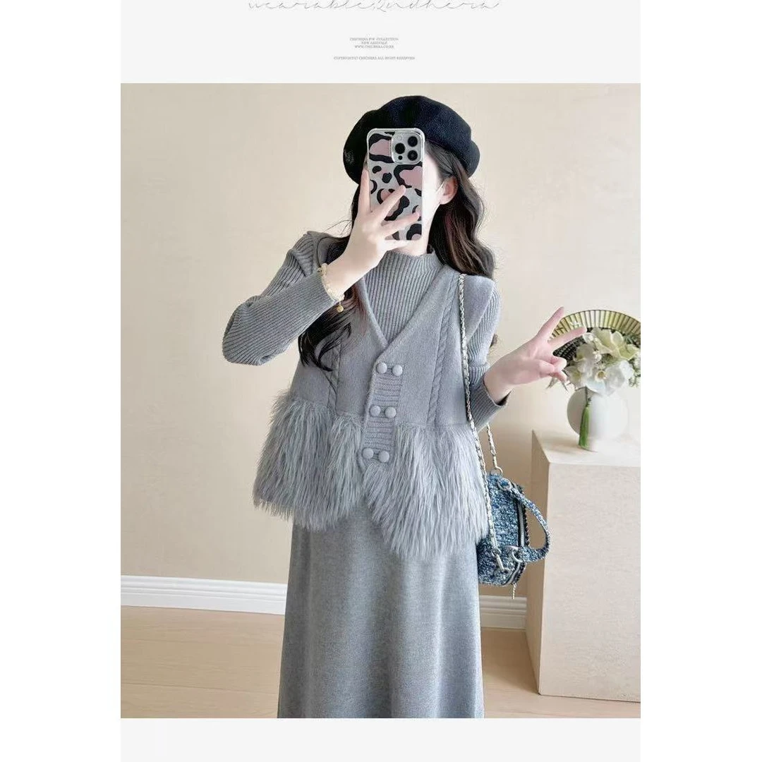 1687两件套马甲连衣裙显瘦气质长毛马甲+内搭连衣裙时尚