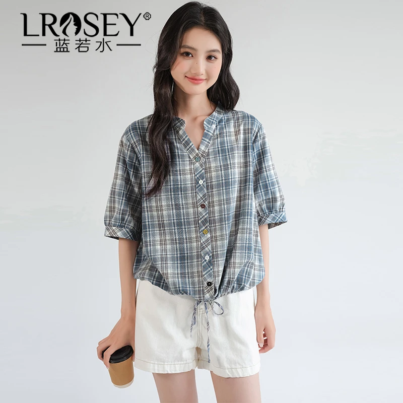 蓝若水大码女装半袖V领格纹衬衫设计感系带上衣86217