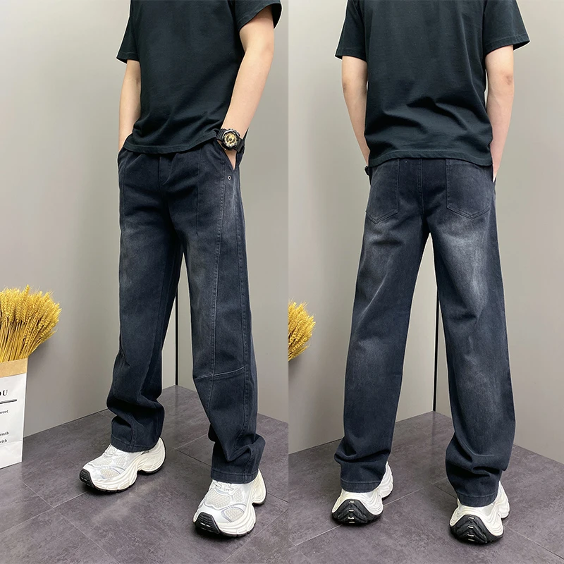 美式高街复古潮流痞帅宽松直筒阔腿裤男士水洗渐变做旧弯刀牛仔裤