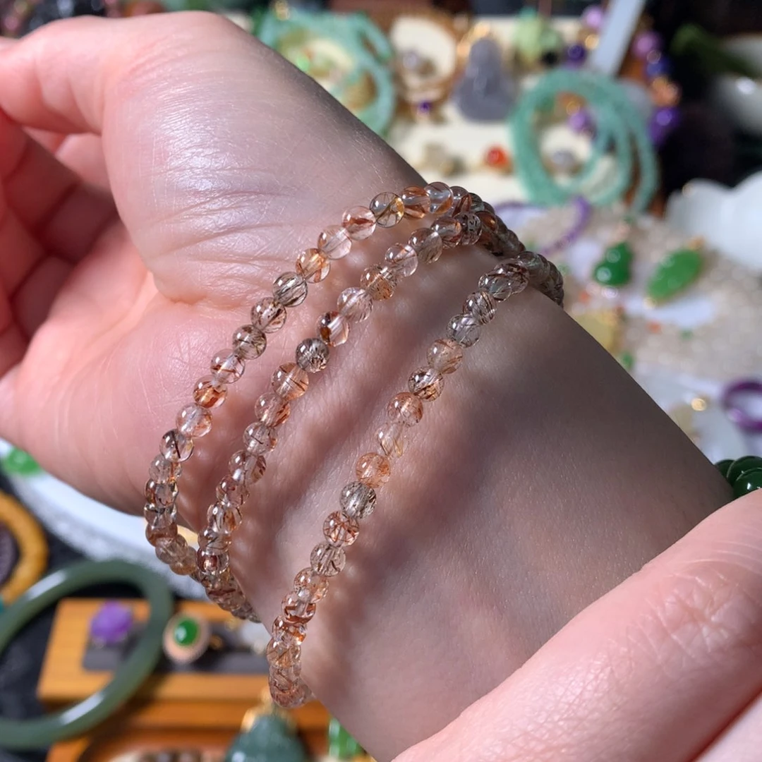 水晶手串未镶嵌黑金超七水晶三圈手串