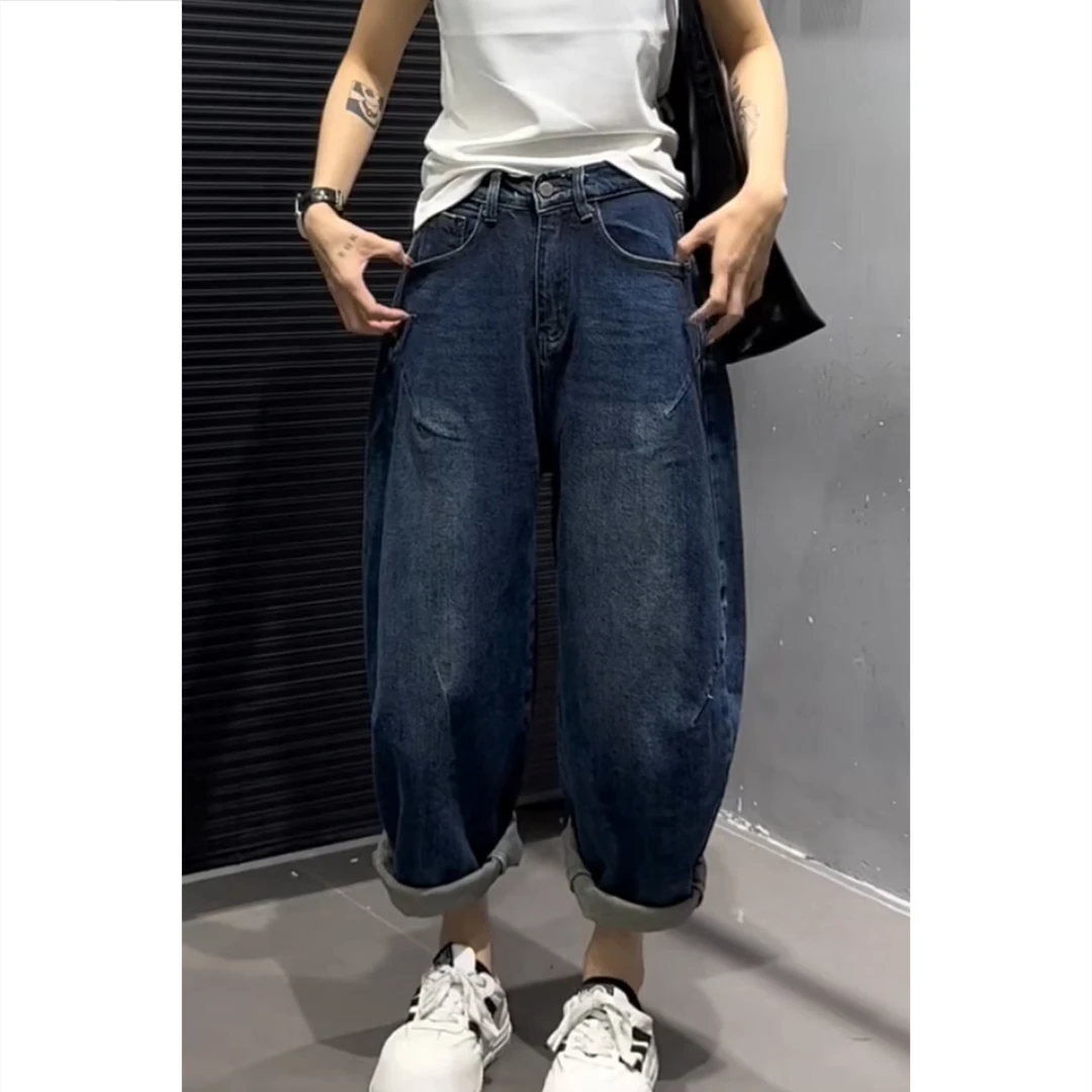 艾塔莉秋季女新款美式牛仔裤宽松百搭拼接阔腿裤子遮肉显瘦老爹裤