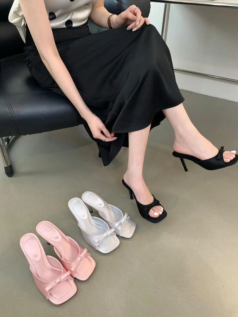 夏季法式细跟甜美风蝴蝶结一字拖K13方头女7CM鞋凉拖鞋露趾百搭