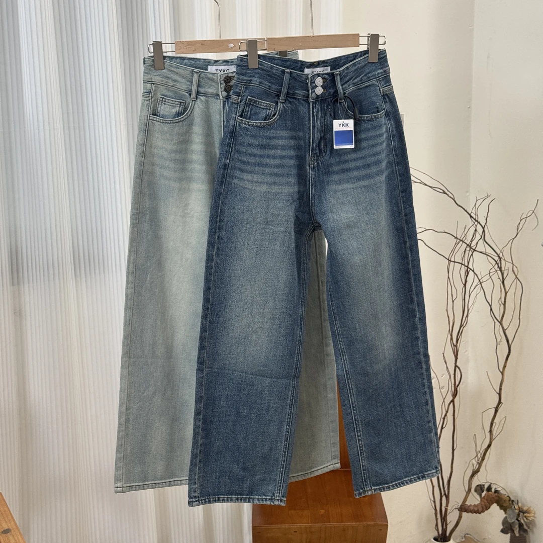 1013# 专柜品质100%棉 中小个子神裤 10支高腰双排扣高棉窄版直筒