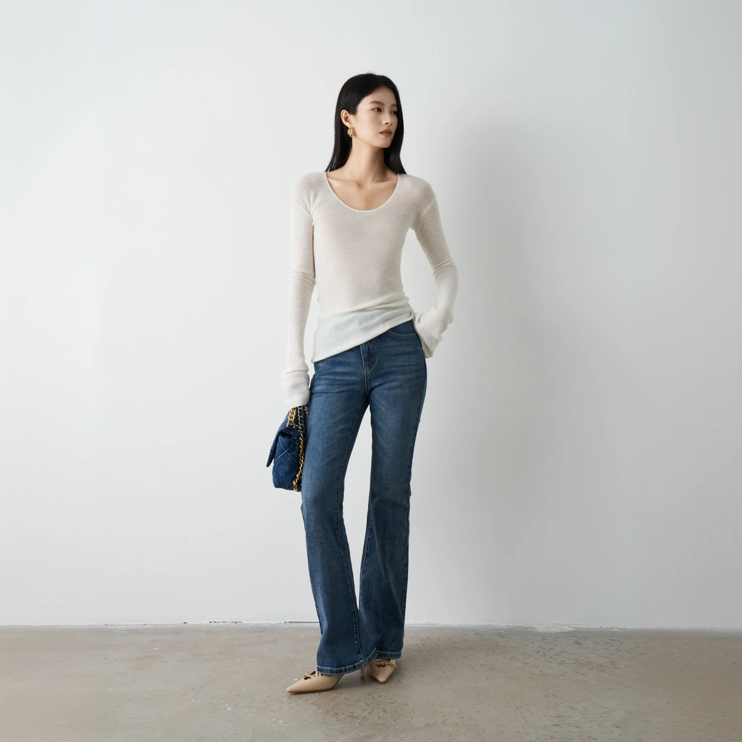 Moprobably李予诺「精秀牛」复古水洗显瘦微喇牛仔裤L4373011