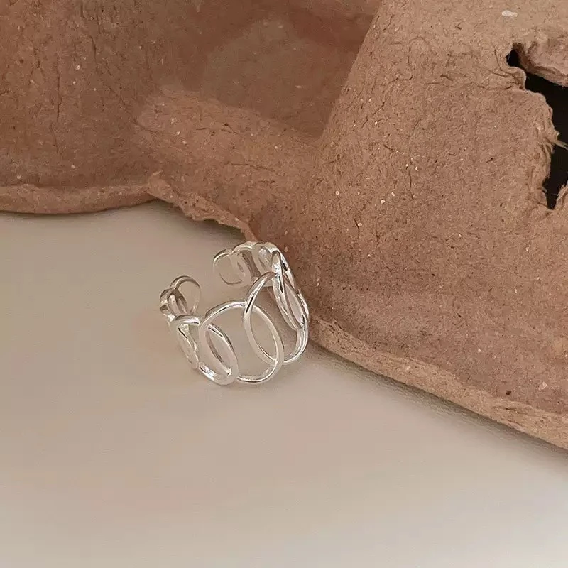 925银戒指 韩版几何镂空椭圆戒指开口小众高级感ins风1045