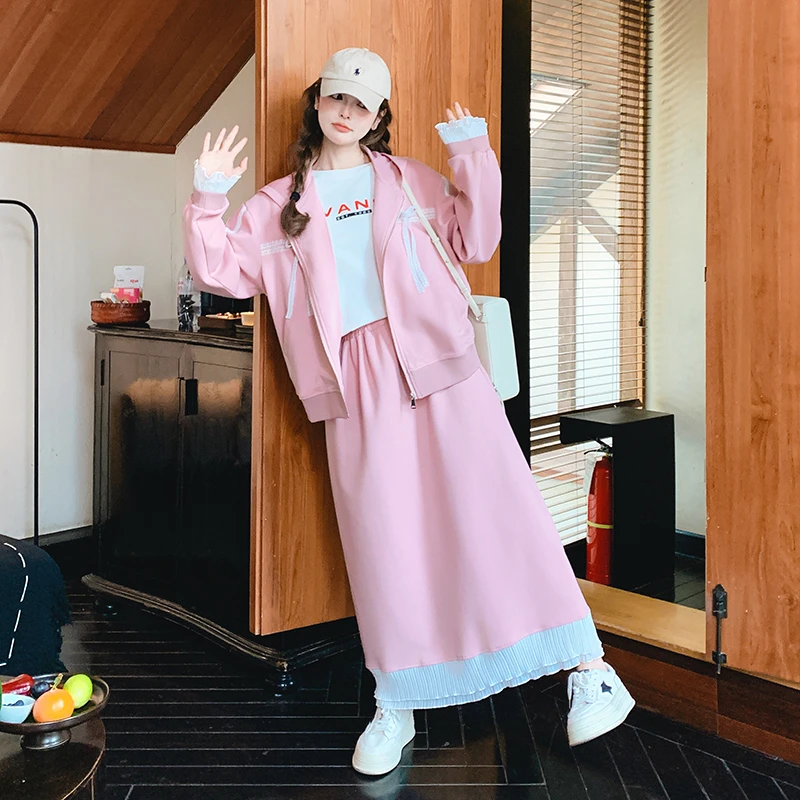 粉色甜美少女蕾丝拼接卫衣套装裙女2025春秋新款高腰半身裙两件套