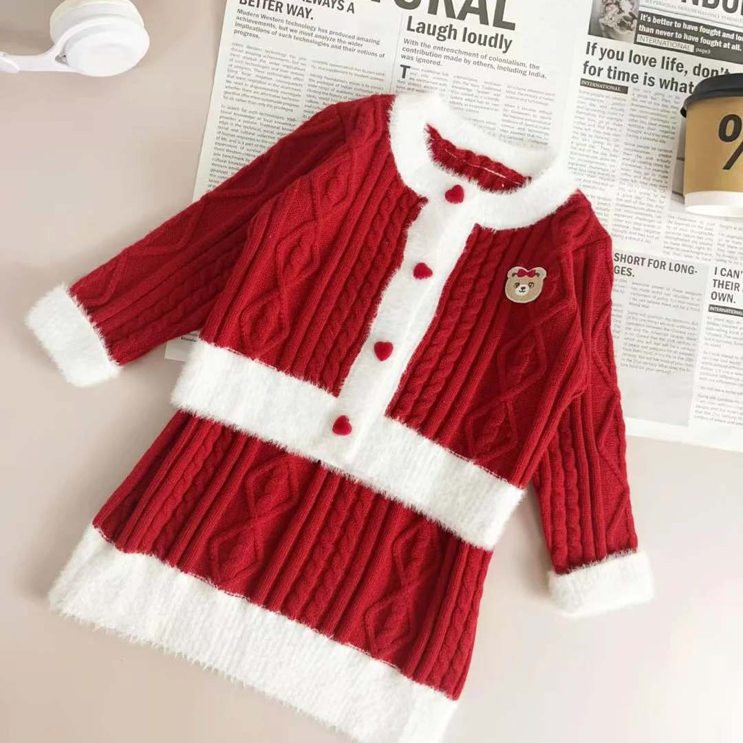 可爱H25296女童小熊毛衣裙套装时髦百搭女宝洋气套装加绒加厚