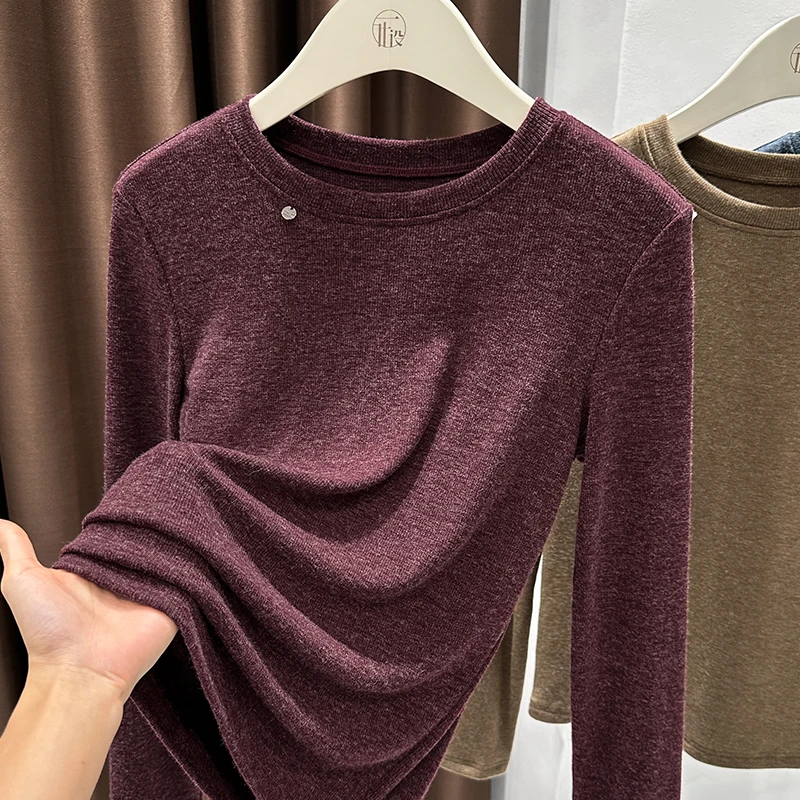 薄款针织圆领长袖打底衫女修身秋冬内搭软糯高腰枣红色高级感上衣