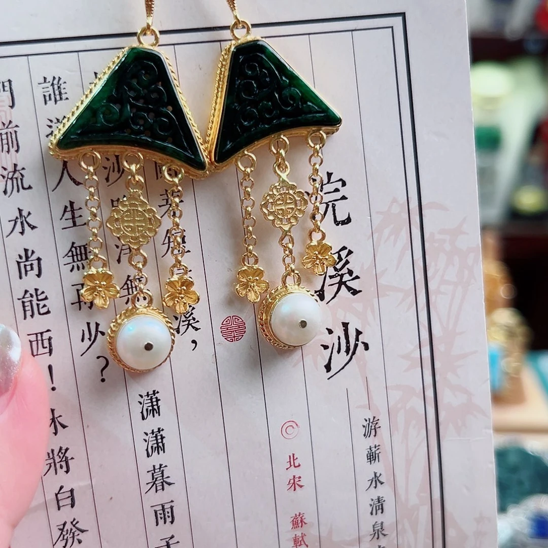 翡翠银S925镶嵌耳饰国风
