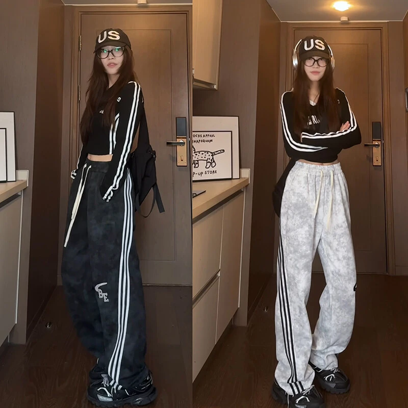 条纹卫裤男女春秋潮牌复古大码休闲裤高街直筒三条杠美式街舞裤子