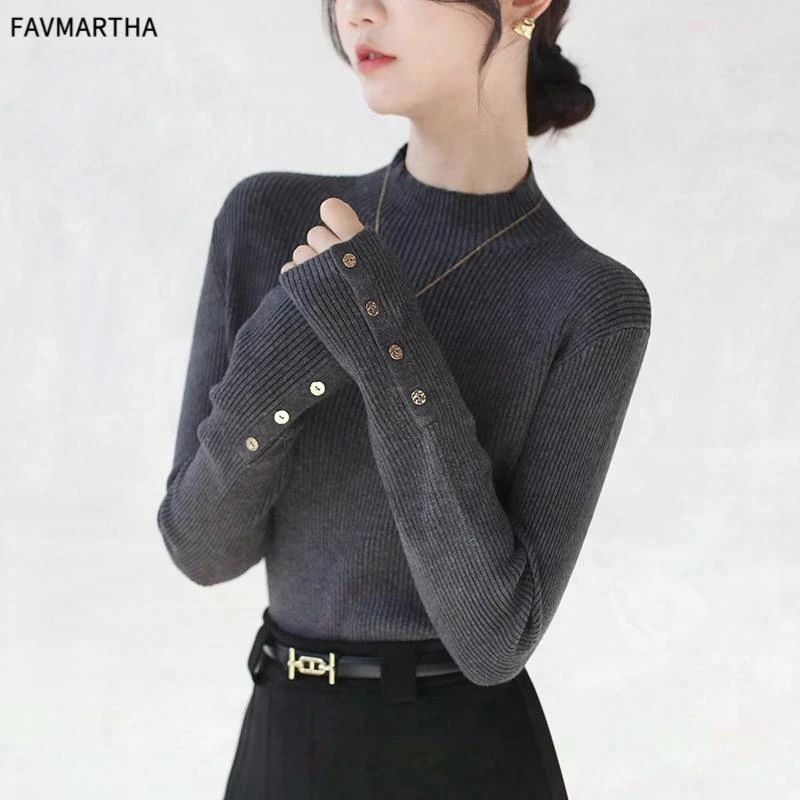 简约袖口纽扣半高领针织衫女2025秋冬新款坑条显瘦内搭毛衣打底衫