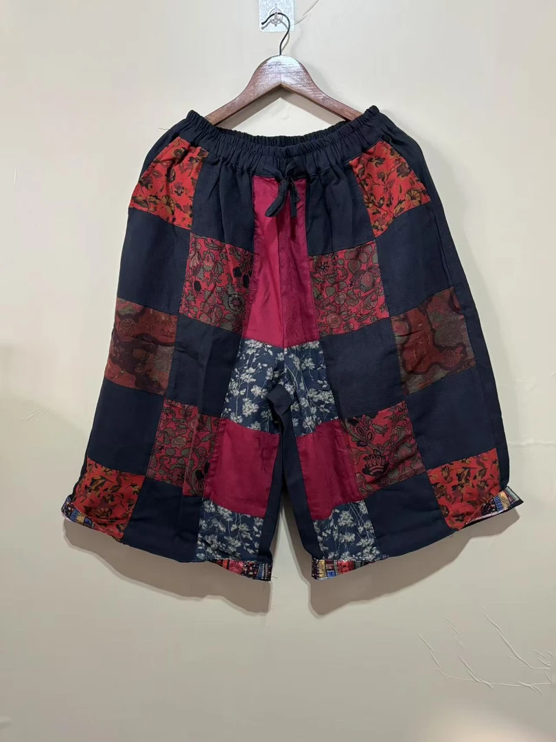 夏季新款百搭宽松亚麻百家布七分裤