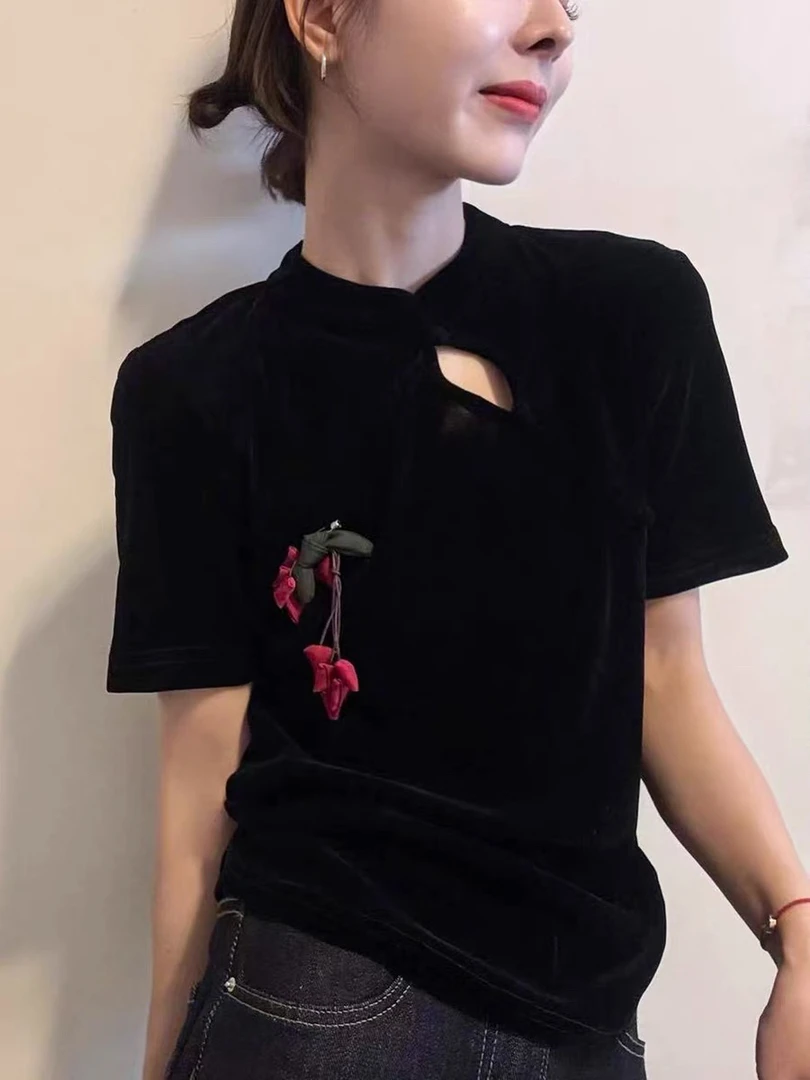 早秋新中式改良立领斜襟盘扣丝绒短袖女上衣小衫