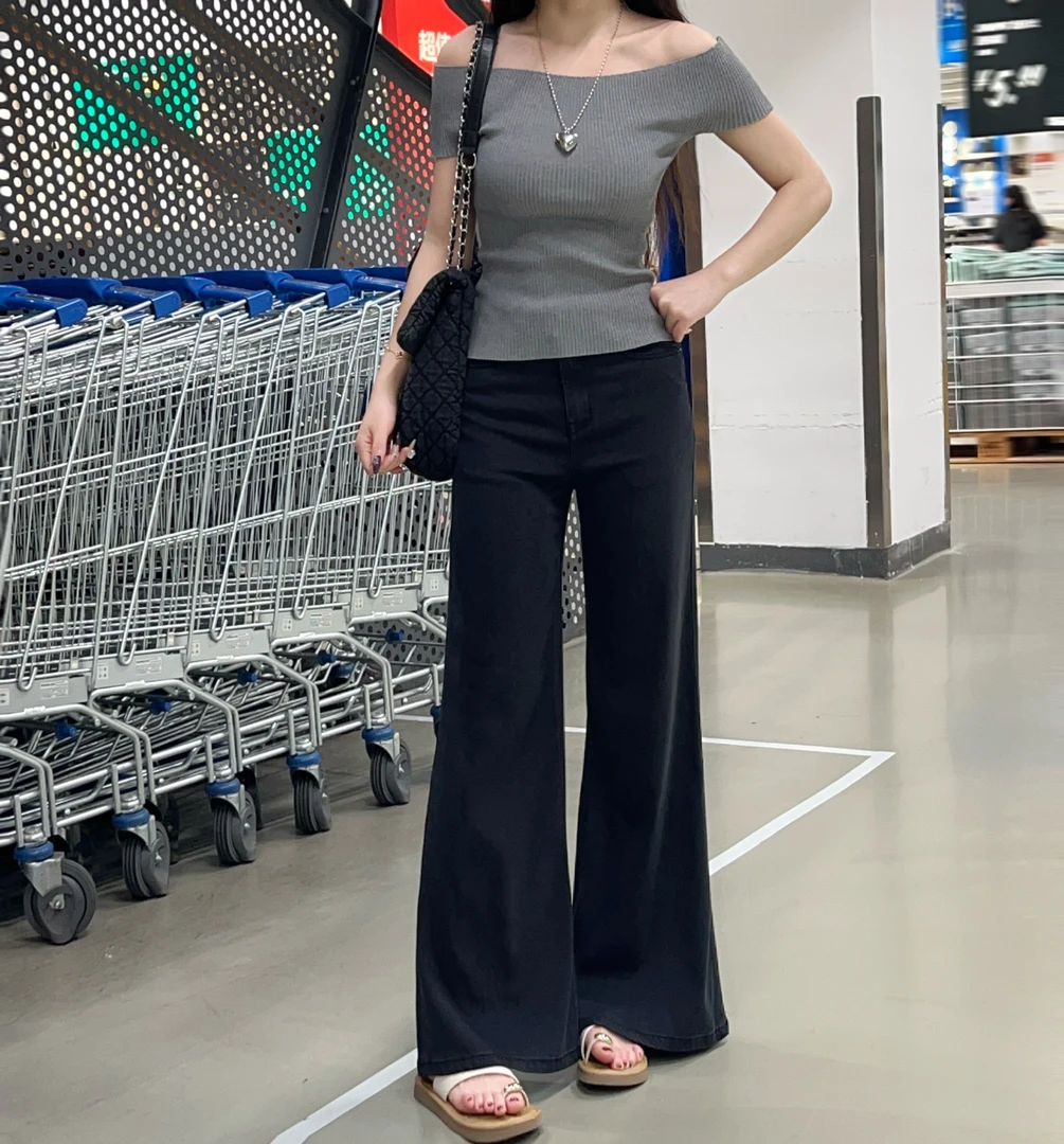 夏季新款设计感百搭休闲显瘦直通微喇薄款天丝黑色时尚纯色牛仔裤