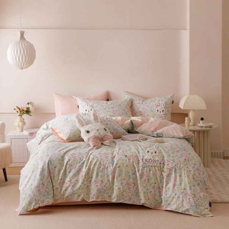 261  床上四件套全棉奶萌兔绿粉