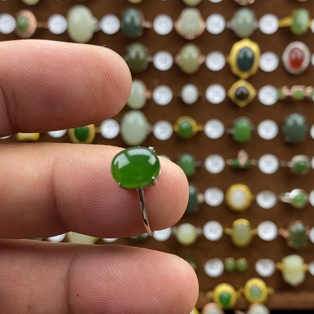 和田玉（碧玉）戒指银S925镀金镶嵌