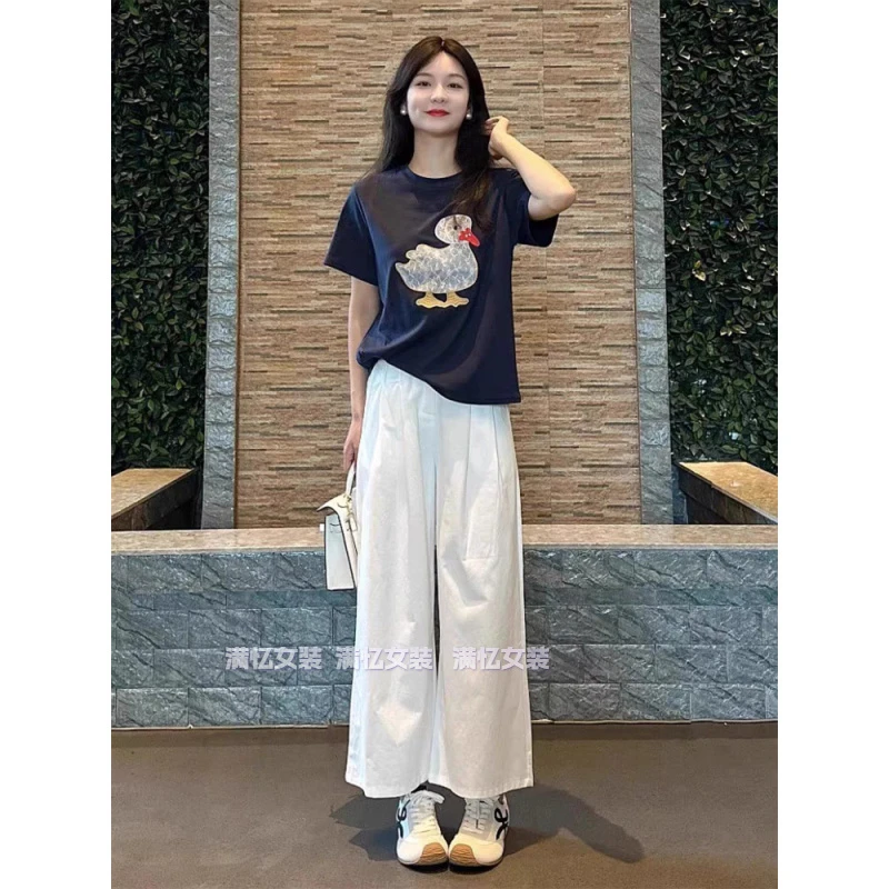 夏季显瘦气质宽松韩版慵懒风高级感卡通T恤阔腿裤子套装女两件套