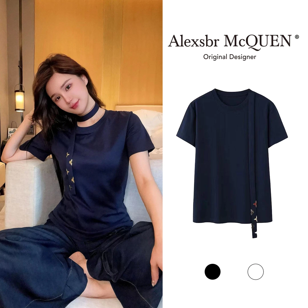 YDD•「D456」新款女夏季简约百搭气质圆领飘带修身短袖T恤TX-24121