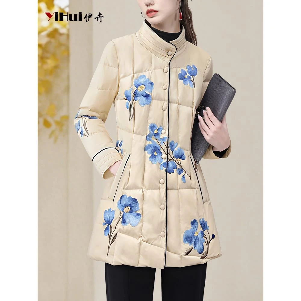 YIHUI伊卉羽绒服女冬季国风中长款立领显瘦保暖90白鸭绒WH257151