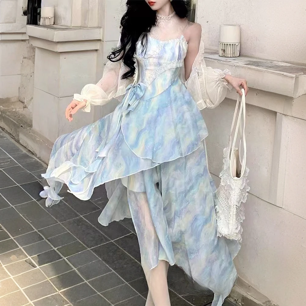 少女风韩版法式时尚套装小众女装碎花裙子泡泡袖印花