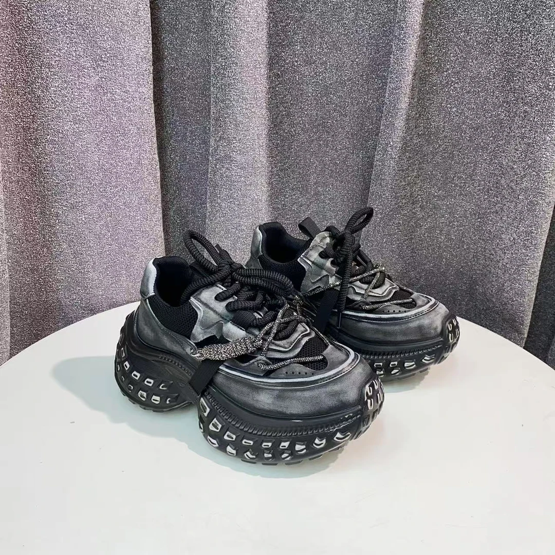 C2345  黑色  高端时尚厚底圆头系带女休闲老爹鞋