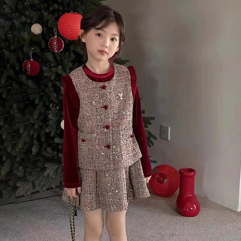 女童小香三件套24年儿童宝女孩新年装亮片马甲长袖丝绒+半裙套装