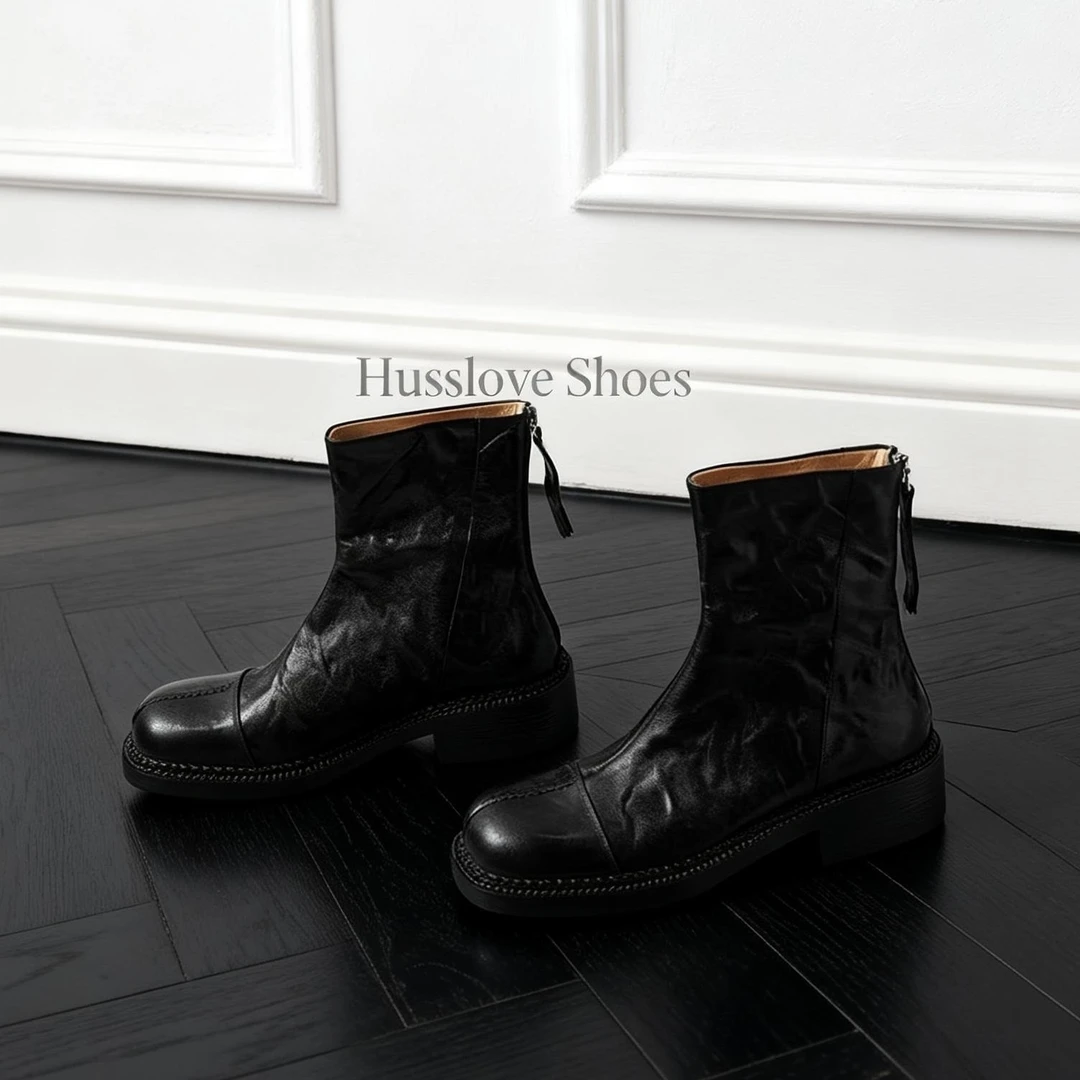 HUSSLOVE 头层羊皮·跟高3.5CM·简约百搭英伦冬季马丁靴通勤女靴