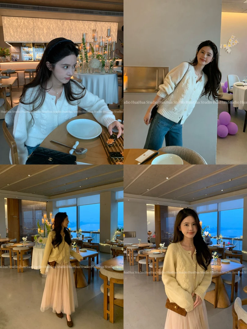 【花花】奶油小花~圆领单排扣立体钩花纯色氛围感针织毛衣开衫