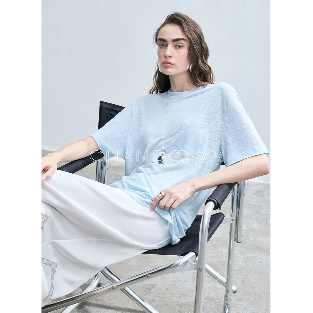 CHANDOOIVY轻呼吸雨露麻 ROW系雾感微透/全亚麻单贴袋宽松短袖T恤