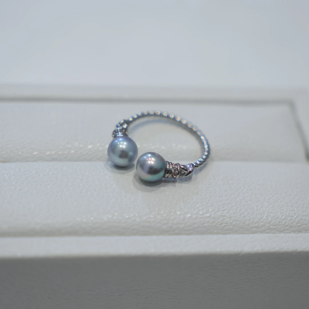 真多麻双珠戒指6-7mm上开口可调节海水真多麻戒指天然色AB083