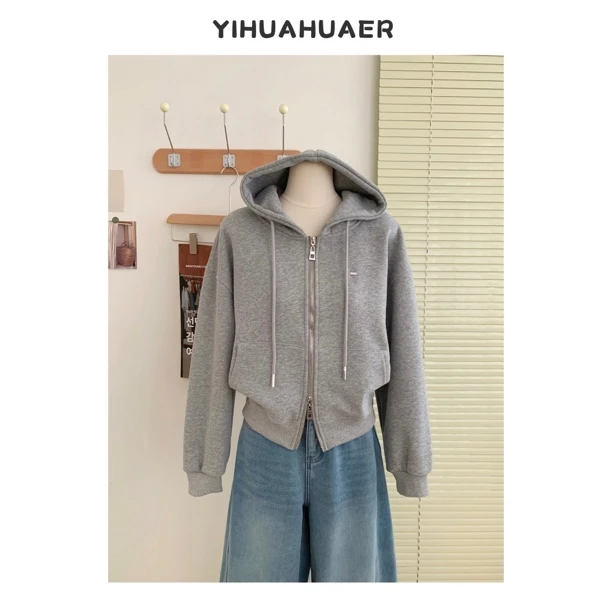 【时尚韩女】东大门韩版新款简约休闲拉链连帽加绒时尚卫衣4452