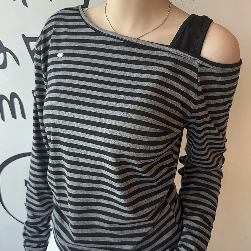 2025秋季新款韩版时尚百搭宽松显瘦条纹拼接一字肩复古长袖T恤女