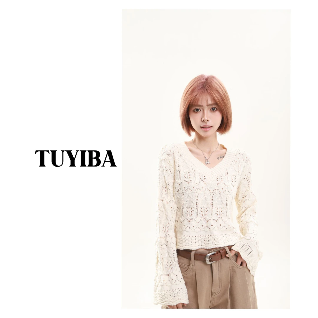 【兔兔】春季新款韩版小个子长袖V领短款毛衣女显瘦针织上衣2546