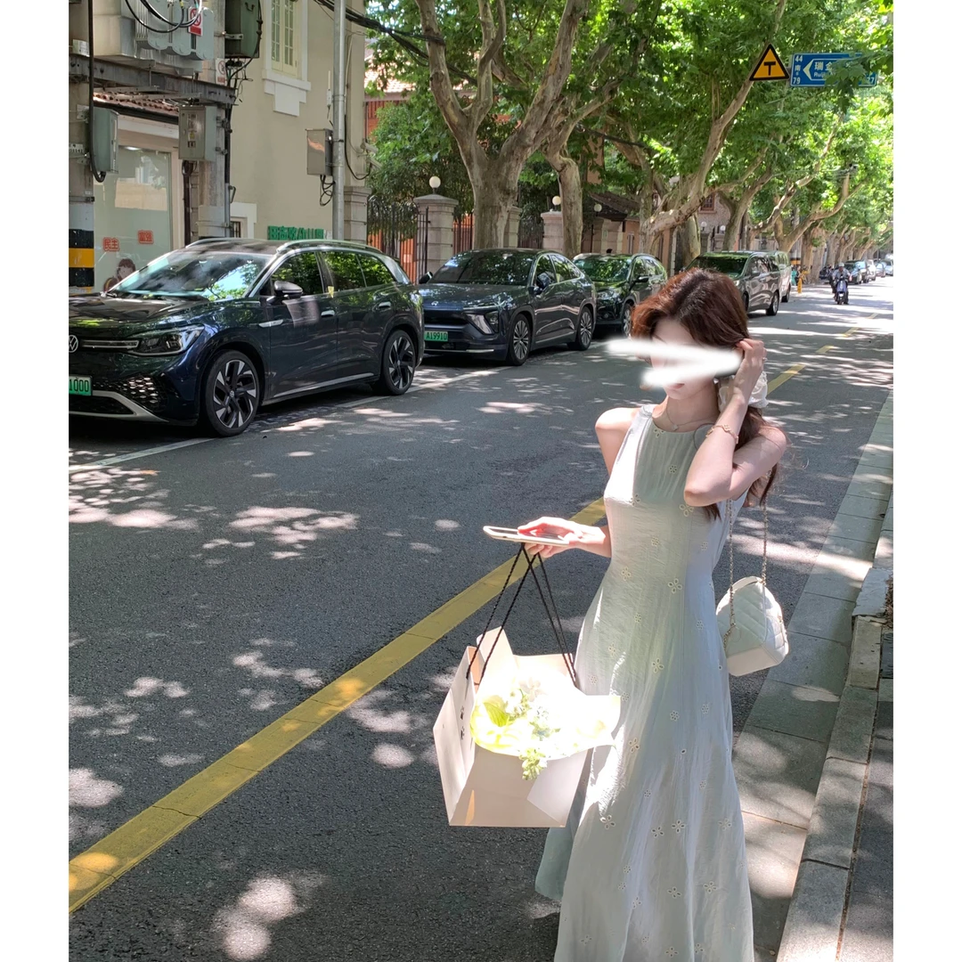 夏季圆领刺绣连衣裙女高级感温柔气质收腰圆领a字无袖长连衣裙女