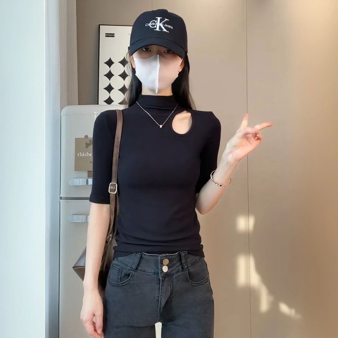 黑色螺纹半高领中袖t恤女春夏五分袖镂空打底衫内搭修身半袖上衣