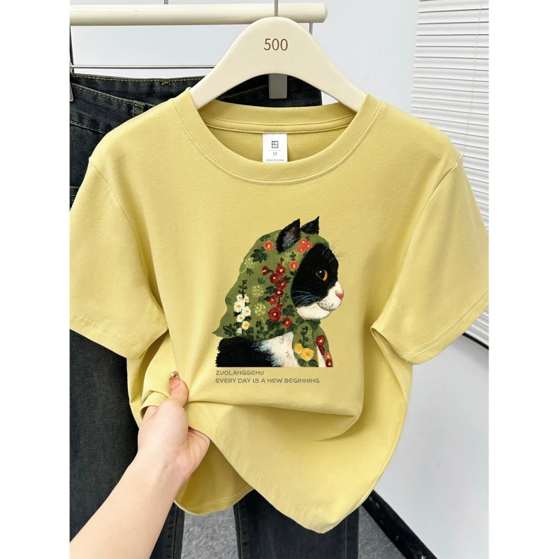 猫咪印花正肩大码短袖t恤女装新款胖MM遮肚子藏肉休闲半袖上衣潮