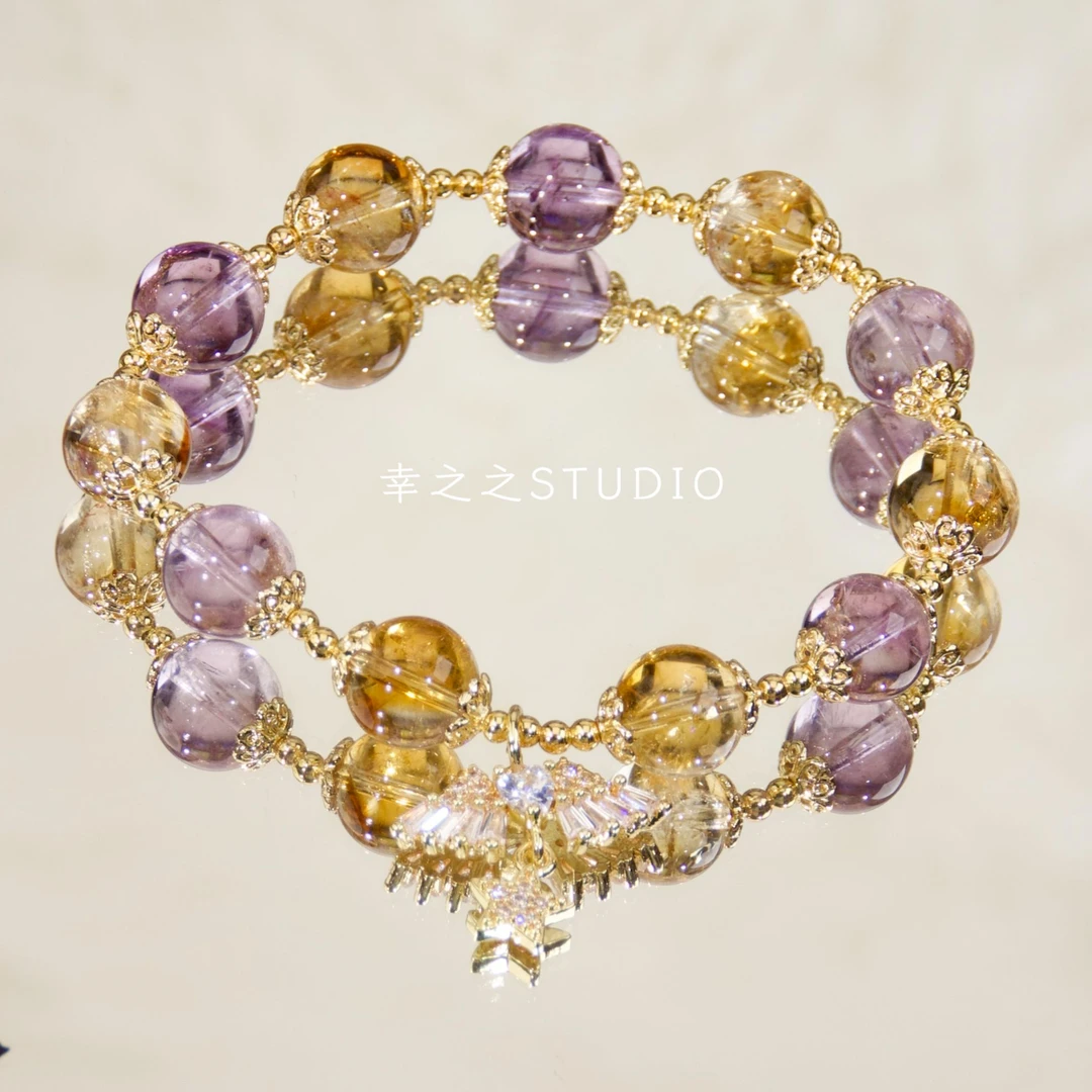 s1572【天使】天然黄塔紫塔晶手串精致百搭设计款手链 多样性发其一