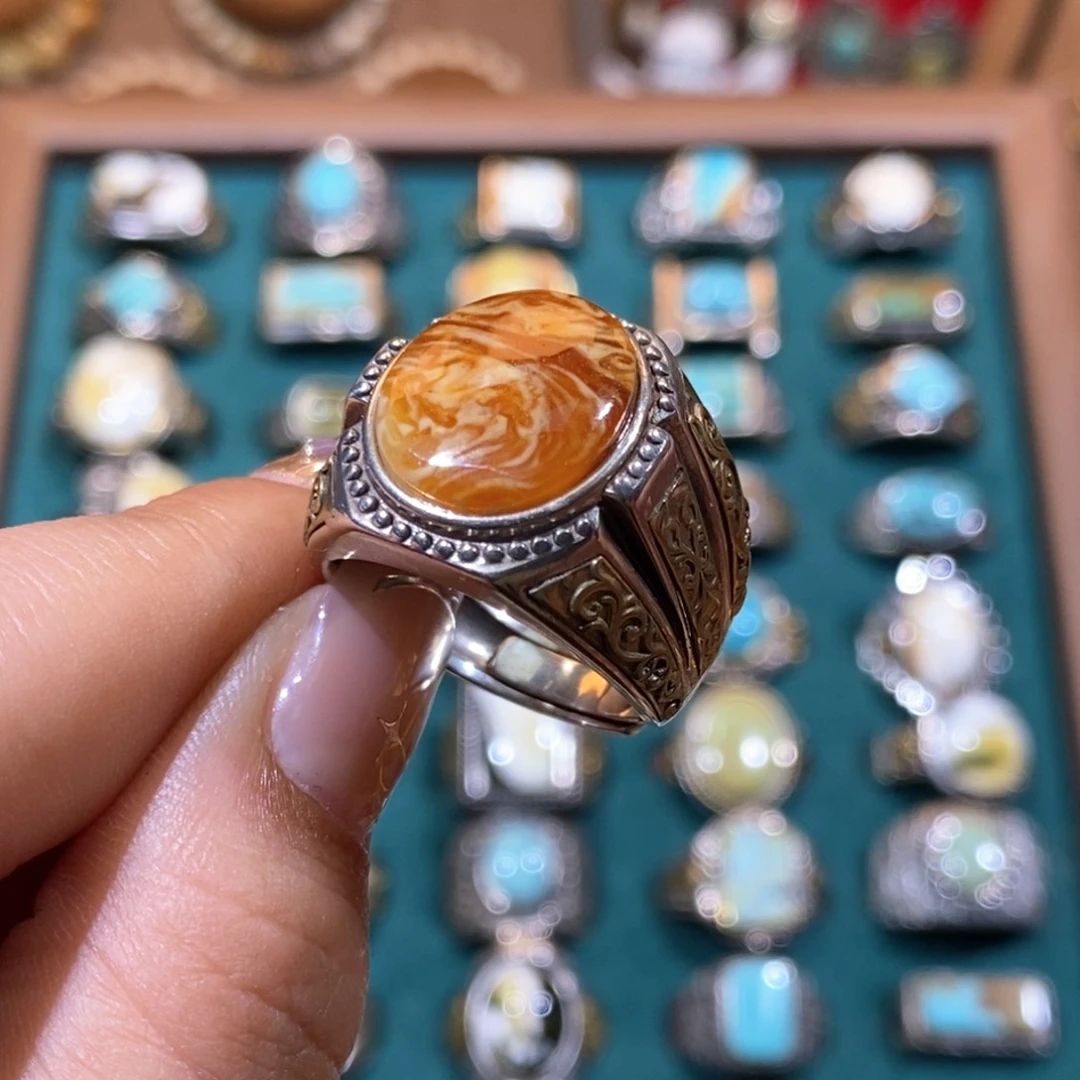 琥珀戒指银S925镶嵌沧*戒指