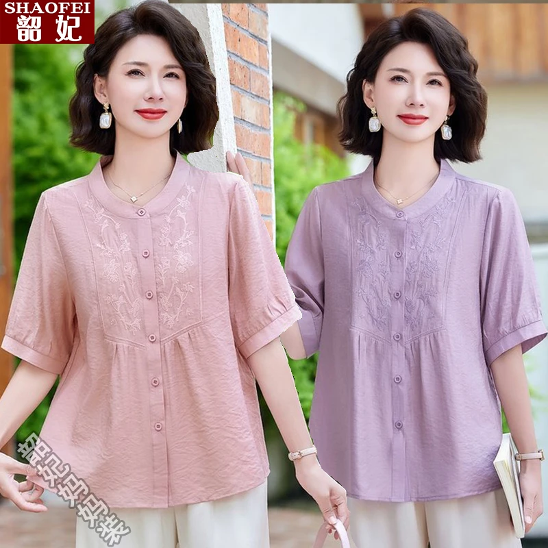 母亲节妈妈夏装时尚小衫2025新款中老年女装洋气上衣气质短袖套装