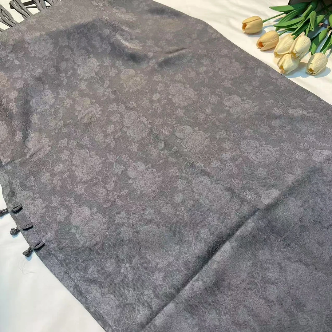 香云纱长巾-波渐留灰 四经绞萝流苏盘扣53*190cm丝巾