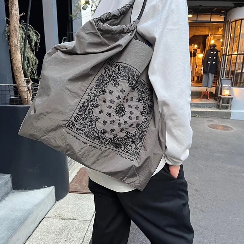 日系刺绣购物袋ball chain深灰色腰果花环保袋大容量通勤包帆布包