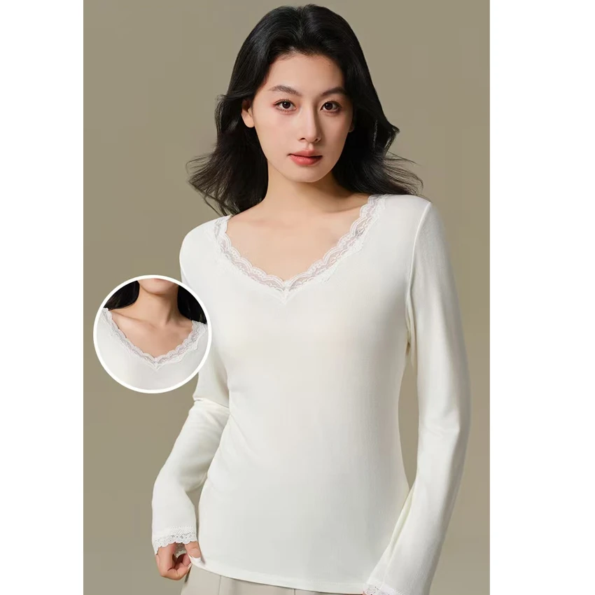 云纱蕾丝~优可丝！蓄热亲肤磨毛打底衫秋冬保暖内搭上衣女套头长袖
