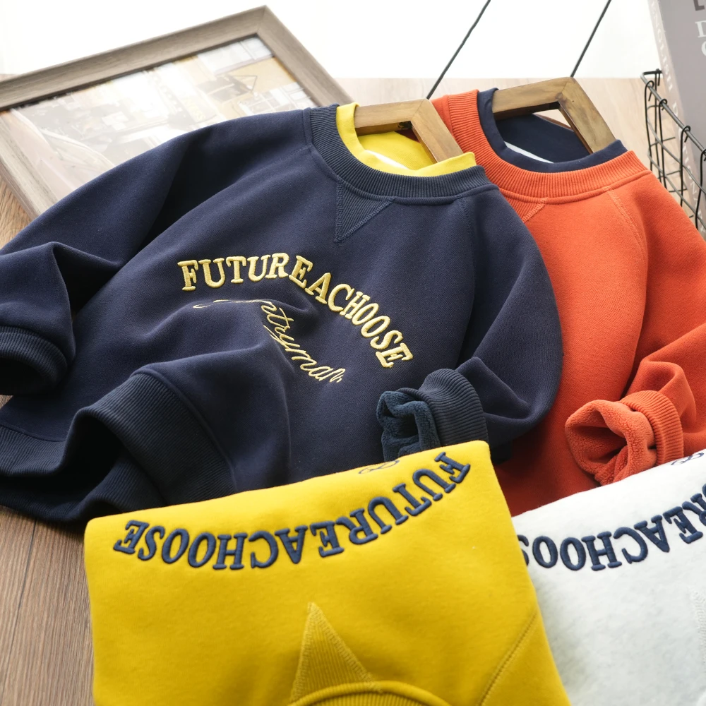 冬季运动字母刺绣儿童加绒卫衣假两件上衣中大童百搭长袖5536