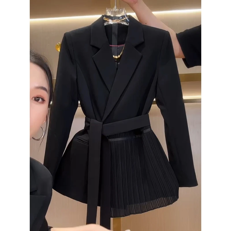 2025年秋季新款高级系带收腰显瘦西装外套女小个子黑色西服女上衣