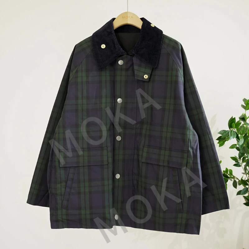 芬兰订单25年春装灯芯绒领绿色格纹夹克男女同款外套（241265）2355