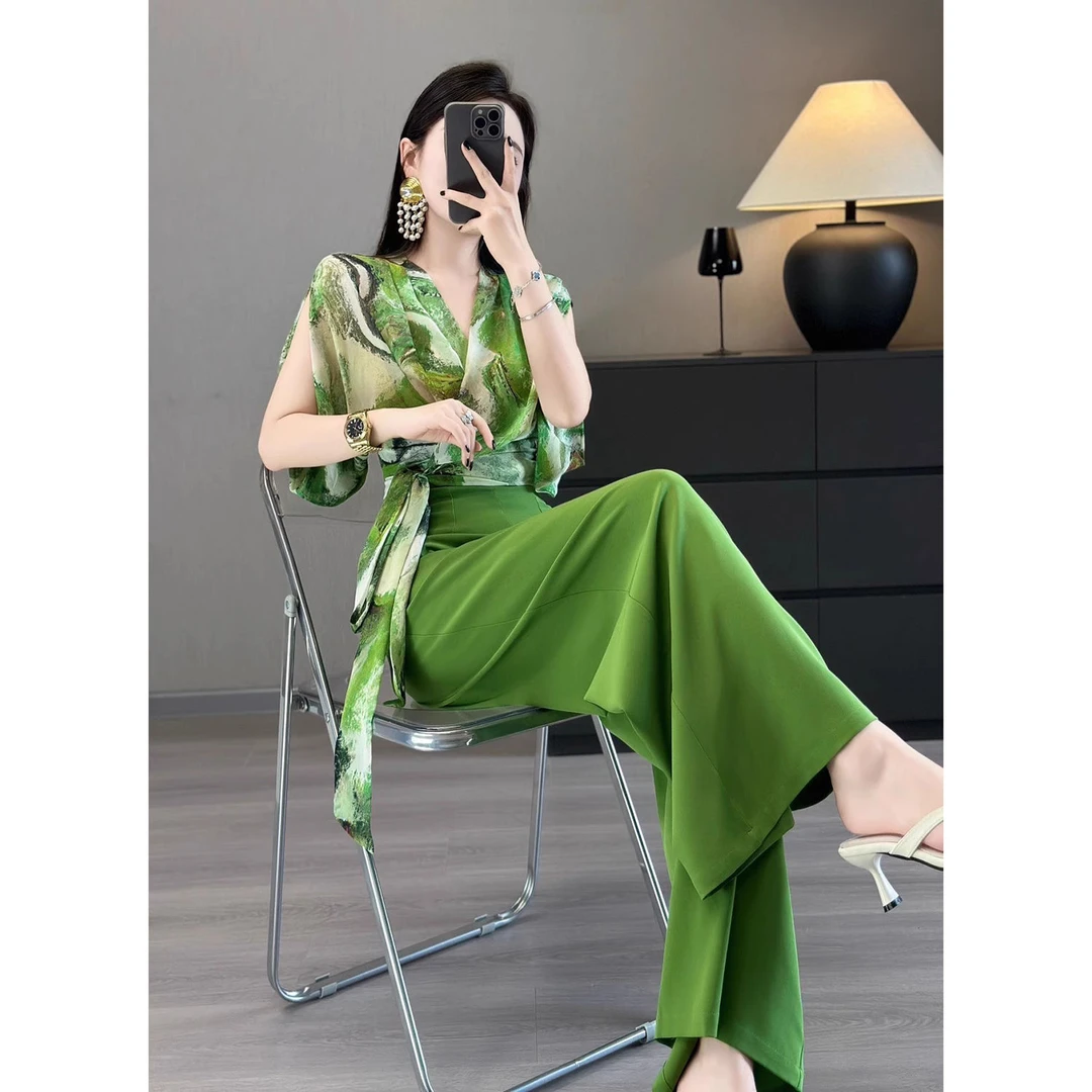 法式轻奢气质高级感两件套夏季新款晕染碎花坎袖绑带小衫+阔腿裤