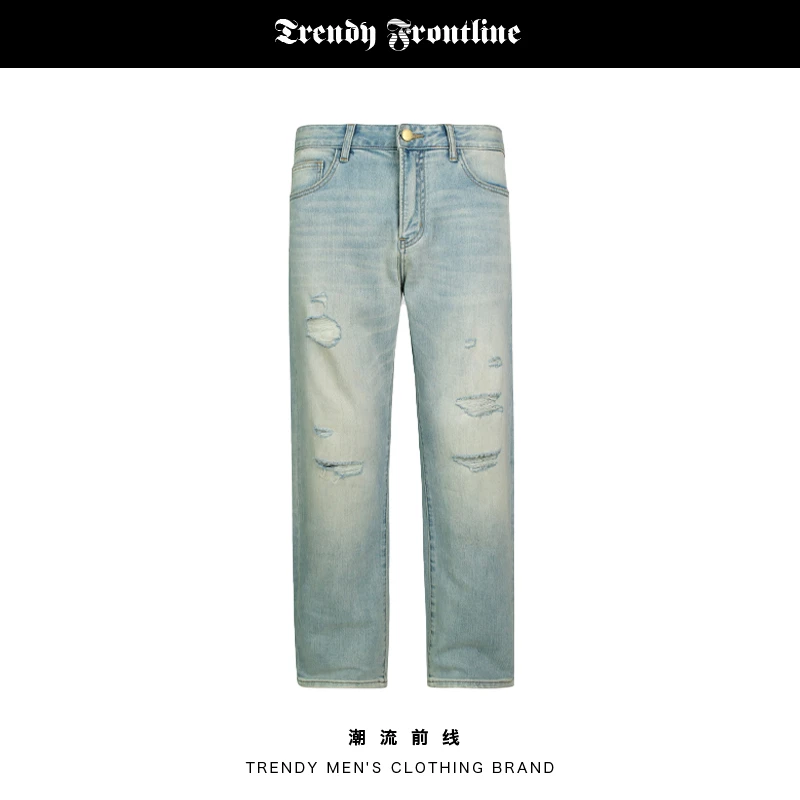 夏季薄款怀旧蓝潮流破洞水洗休闲高品质大弯刀版型弹力牛仔裤