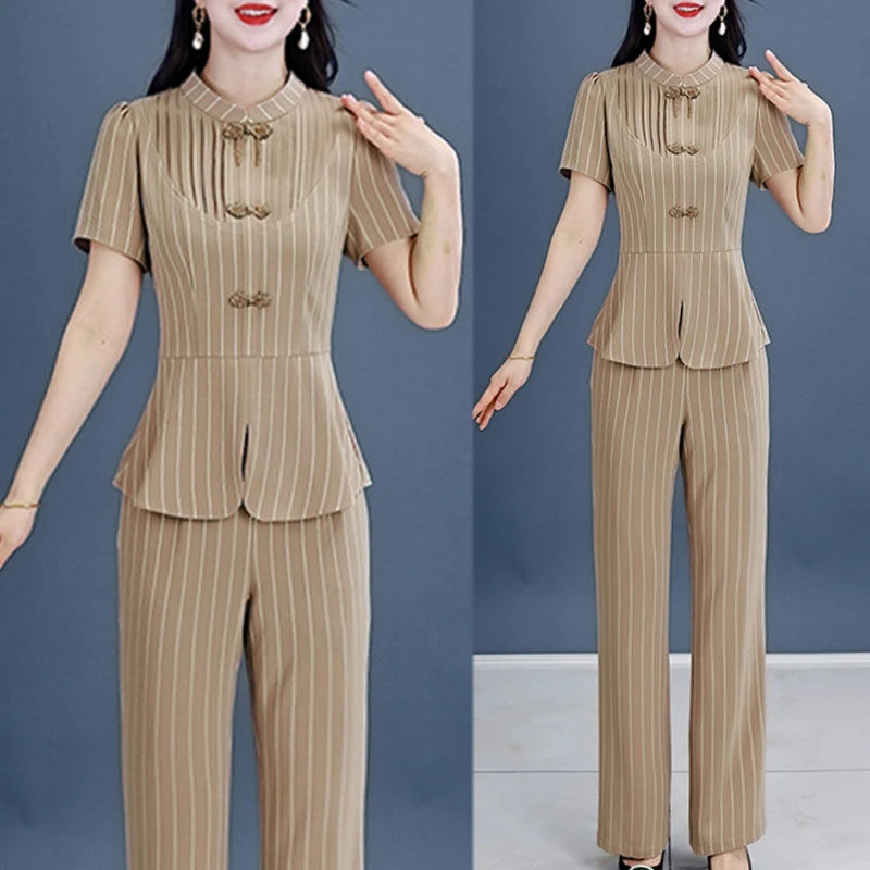 2025夏季新款时尚气质显瘦国风盘扣条纹短袖上衣微喇叭裤两件套装